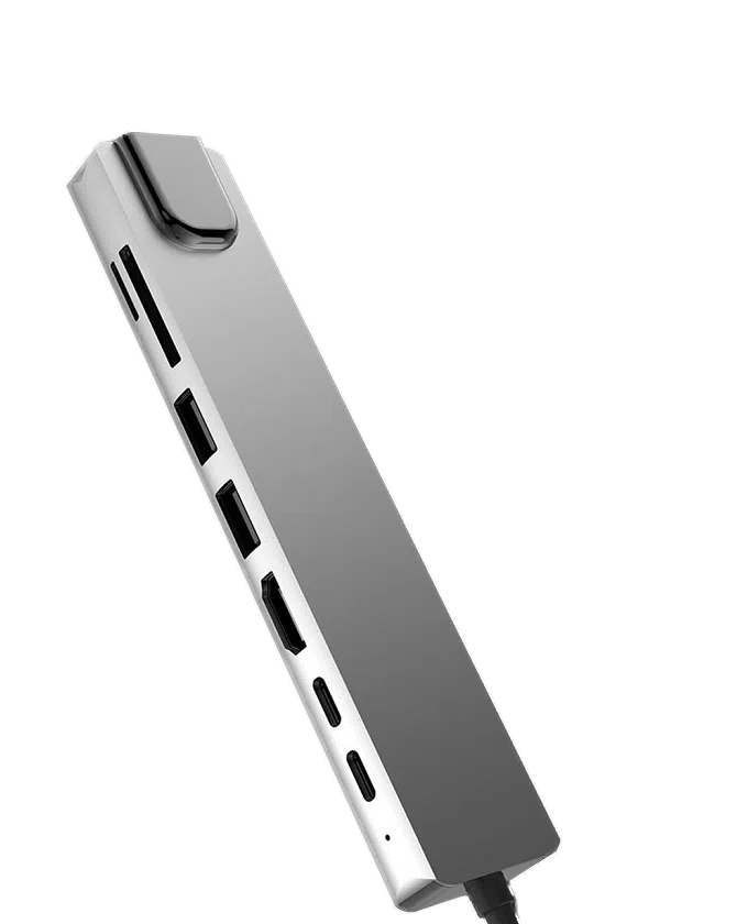 DroiX FX8s - Näytetään 2 USB Type-C-porttia, 1 HDMI, 2 USB Type-A, 1 SD-kortti- ja 1 MicroSD-portti.