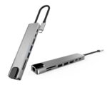 Adattatore USB Type-C DroiX FX8s mostrato da due angolazioni con porta Ethernet, 2 porte USB Type-C, 1 HDMI, 2 USB Type-A, 1 SD Card e 1 porta MicroSD