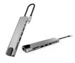 DroiX FX8s USB Type-C -sovitin kahdessa kuvakulmassa, jossa on Ethernet-portti, 2 USB Type-C-porttia, 1 HDMI, 2 USB Type-A, 1 SD-kortti ja 1 MicroSD-portti.