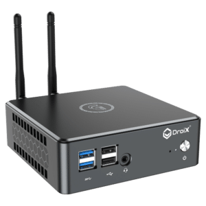 Proteus by DroiX Windows Mini PC - Shown from the front with 2x USB 3.0 Type-A, 2x USB Type-A 2.0, 1x 3.5mm Headphone&Mic combo