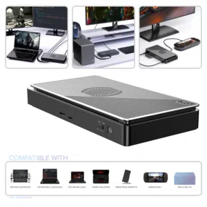 Kuva GPD G1 2024 eGPU-telakointiasemasta, jossa on AMD Radeon RX 7600M XT -näytönohjain, TGP Toggle -kytkin ja monipuoliset liitäntämahdollisuudet. Ihanteellinen pelaajille ja ammattilaisille. Ennakkotilaa nyt vallankumoukselliset ominaisuudet.  