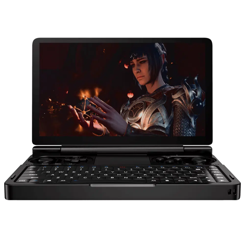 GPD WIN Mini z čelního pohledu, hrající hru.