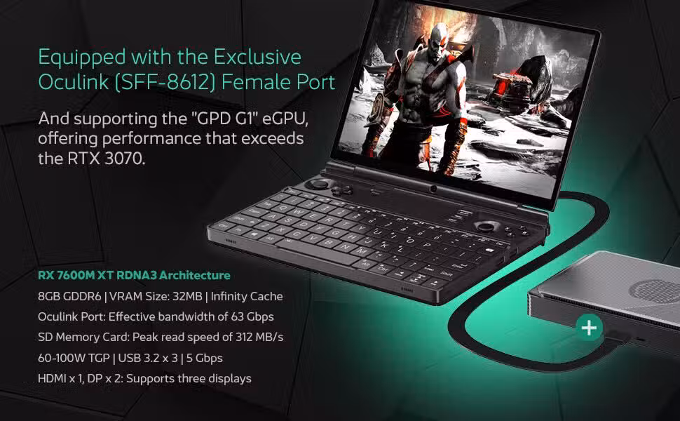 Slika prijenosnog računala za igranje GPD Win Max 2 (2024.) spojenog na GPD G1 Oculink eGPU. GPD Win Max 2 prikazan je sa svojim elegantnim, kompaktnim dizajnom, tipkovnicom s pozadinskim osvjetljenjem i velikim zaslonom. GPD G1 Oculink smješten je pored njega, povezan brzim Oculink kabelom, poboljšavajući performanse igranja svojom snažnom vanjskom grafičkom karticom.  