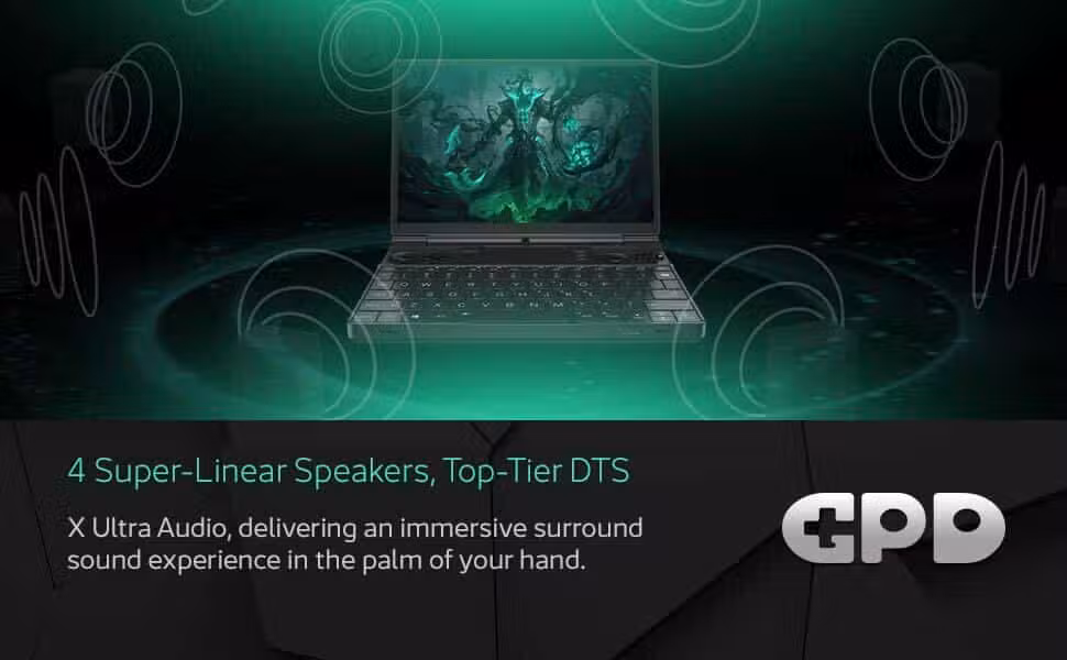 Slika prijenosnog računala za igranje GPD Win Max 2 (2024), s fokusom na ugrađene zvučnike. Pogled izbliza prikazuje rešetke zvučnika smještene u blizini tipkovnice, naglašavajući visokokvalitetni audio izlaz dizajniran za poboljšanje igranja i multimedijskog iskustva. 
