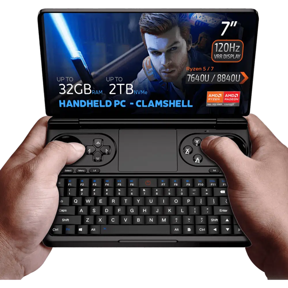 GPD WIN Mini 2024: Potente PC da gaming portatile con schermo touch FHD da 7" a 120Hz VRR. Dotato di CPU AMD Ryzen 7 8840U, GPU Radeon 780M, 32GB di RAM, 2TB di storage NVMe. Design compatto a conchiglia con tastiera completa e controlli di gioco. Connettività versatile inclusi Wi-Fi 6E e Bluetooth 5.2. Esegue Windows 11 Home. Branding DROIX visibile. Il fattore di forma compatto offre portabilità e potenza per gaming e produttività in movimento.