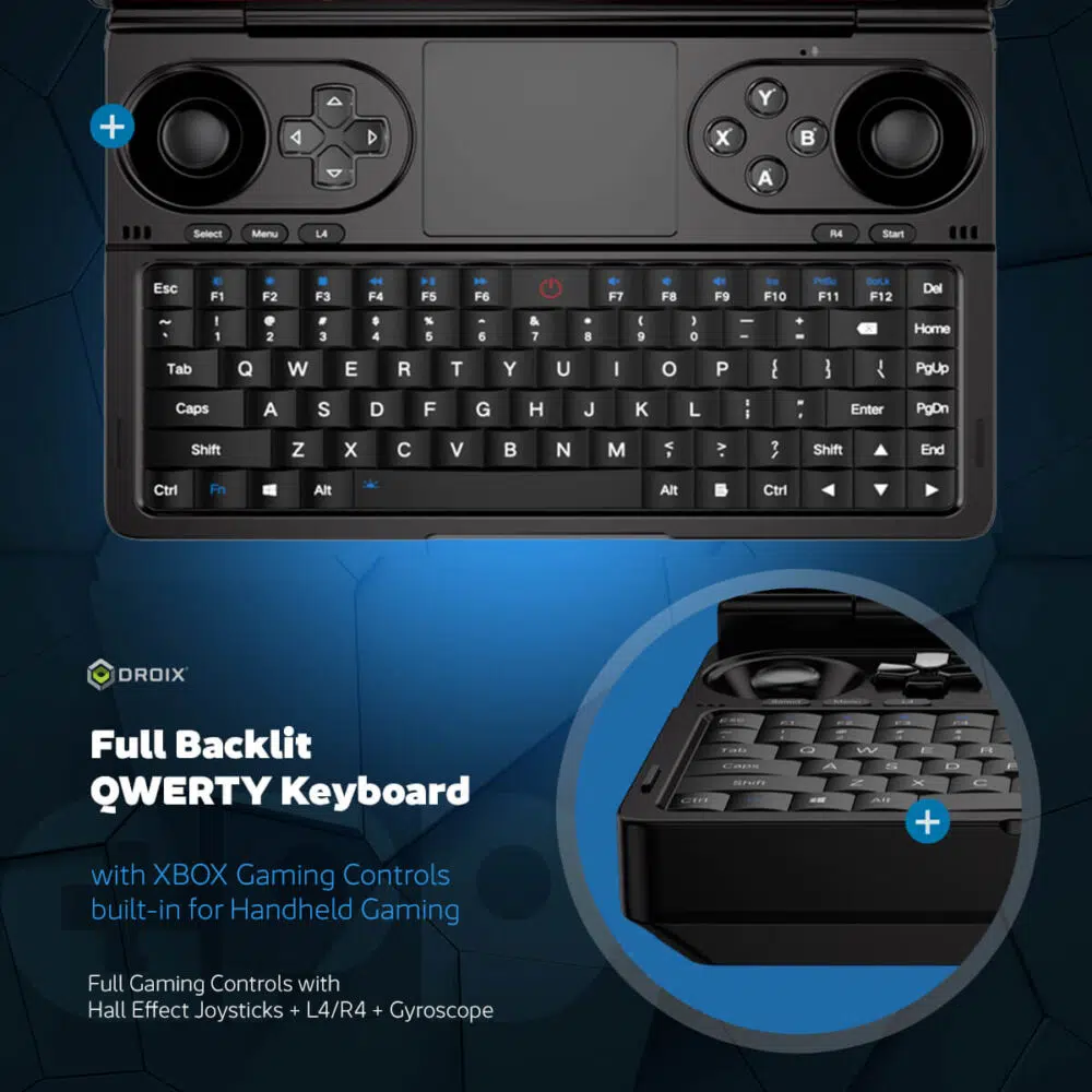 GPD WIN Mini 2024: Pilnībā izgaismota QWERTY tastatūra ar integrētu XBOX stila spēļu vadības ierīci. Aprīkota ar diviem analogajiem džoistikiem, D-pad, XYAB pogām un plecu pogām. Kompakts izkārtojums ietver funkcionālos taustiņus, skārienpaliktni un Windows taustiņu. Ieliktajā attēlā tuvplānā redzams ergonomiskais taustiņu dizains. Izcelta "Pilnībā izgaismota QWERTY tastatūra" un "Iebūvētas XBOX spēļu vadības pogas rokas spēlēm". Ietver Hall Effect džoistikus, L4/R4 pogas un žiroskopu uzlabotai spēļu pieredzei.