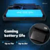 DROIX GPD WIN Mini 2024: Vista interna che mostra la batteria da 44,24 Wh. L'immagine evidenzia la "Durata della batteria per il gaming" con fino a 7 ore per uso leggero e 2 ore per uso estremo. L'inserto mostra il design compatto a conchiglia del dispositivo. Presenta il marchio DROIX, enfatizzando le capacità di gaming portatile con lunga durata della batteria per vari scenari d'uso.