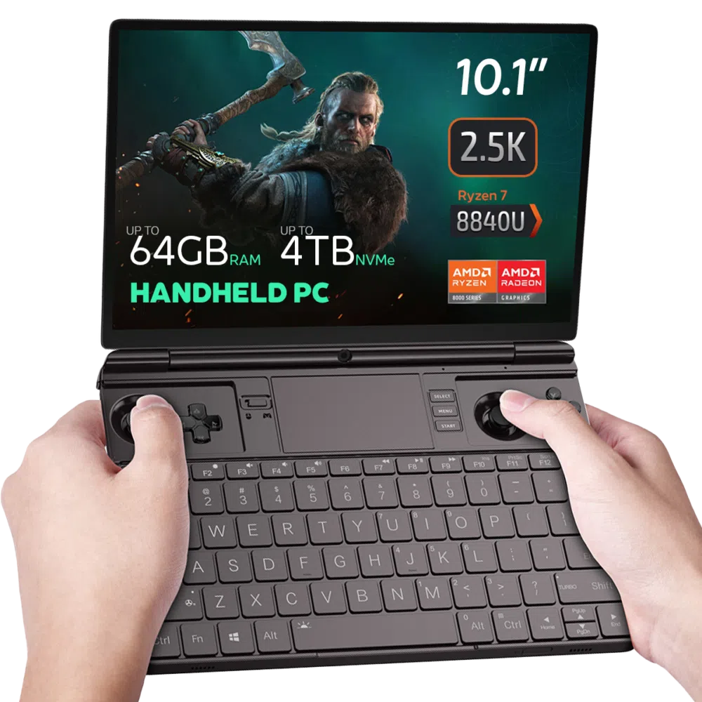 GPD WIN MAX 2 2024 Gaming Handheld PC tenuto in mano mentre si gioca a The Witcher