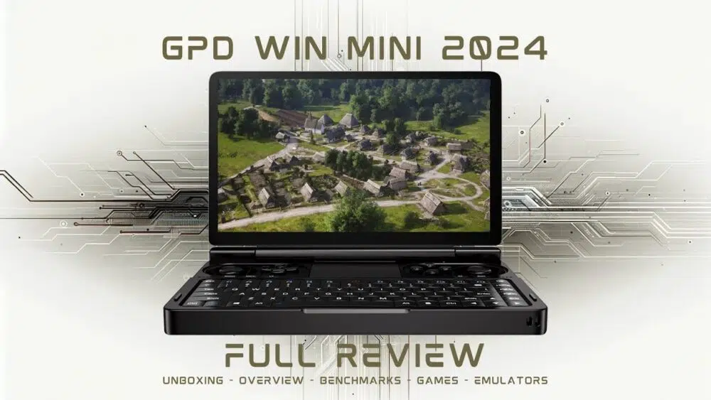GPD WIN Mini 2024: Kompakts rokas spēļu dators, kas demonstrēts atvērtā gliemežnīcas pozīcijā. Augstas izšķirtspējas 7 collu displejs ar spilgtu lauku ciemata skatu no gaisa ar tradicionālām mājām un sulīgiem apstādījumiem. Zem ekrāna redzama pilna QWERTY tastatūra, kas norāda uz divkāršu funkcionalitāti spēlēm un produktivitātei. Ierīci ieskauj stilizēti shēmas plašu raksti, kas uzsver tās tehnoloģisko meistarību. Augšpusē teksta pārklājumā lasāms "GPD WIN MINI 2024", apakšā - "FULL REVIEW", bet apakštekstā - "UNBOXING - OVERVIEW - BENCHMARKS - GAMES - EMULATORS". Attēlā apvienota reālas aparatūras prezentācija ar grafiskiem elementiem, kas liecina par visaptverošu pārskatu par ierīces iespējām dažādos lietošanas gadījumos. Melnā šasija kontrastē ar krāsaino ekrāna saturu, izceļot ierīces glīto dizainu un pārnēsājamību, vienlaikus solot jaudīgu veiktspēju spēlēs un ne tikai.