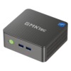 Forsiden af GMKtec G3 N100 mini-pc'en viser det slanke sorte design med en glat finish, en tænd/sluk-knap og ventilationsgitre. Det minimalistiske frontpanel understreger dens kompakte og moderne æstetik.