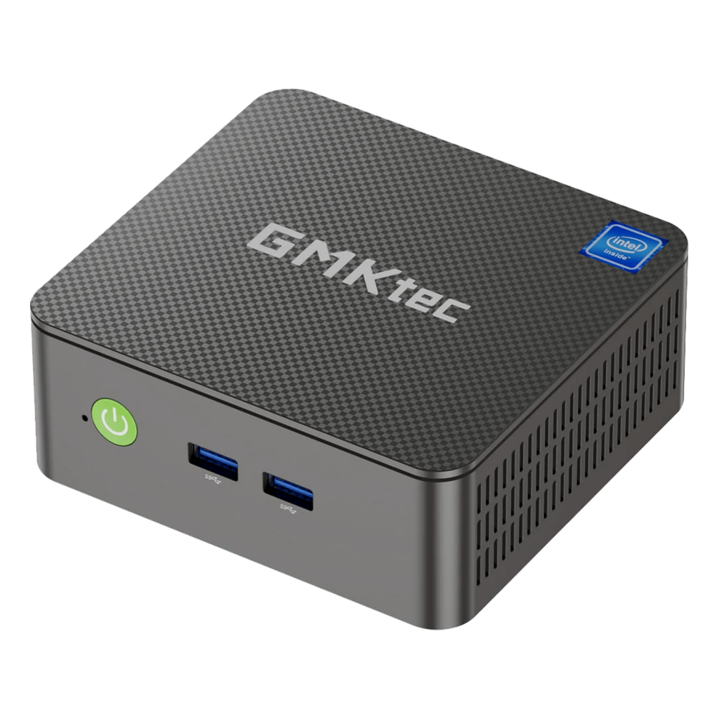 GMKtec G3 N100 mini-PC med Windows 11 Pro, utstyrt med Intel UHD Graphics, WiFi 6 og Bluetooth 5.2. Den kompakte, svarte enheten har et moderne design med en glatt overflate, strømknapp på forsiden og en rekke tilkoblingsporter på baksiden, inkludert HDMI, USB og Ethernet.