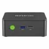 GMKtec G3 N100 mini-PC med kompakt og elegant svart design sett forfra. Det glatte frontpanelet har en av/på-knapp og diskrete ventilasjonsgitter, noe som gir et minimalistisk og moderne utseende som er ideelt for enhver arbeidsplass