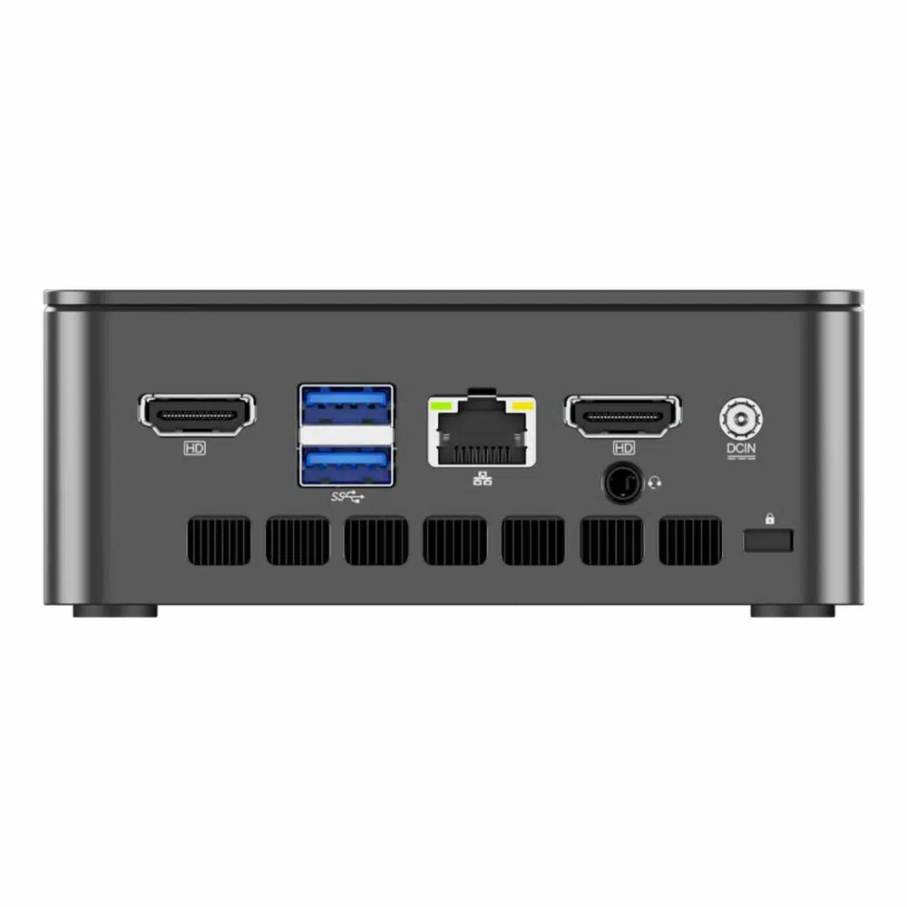 Widok z tyłu mini PC GMKtec G3 N100, przedstawiający szereg portów wejścia/wyjścia. Układ obejmuje porty HDMI, USB, Ethernet i audio, zaprojektowane z myślą o wszechstronnej łączności. Kompaktowa i wydajna konstrukcja zapewnia łatwy dostęp i wszechstronną funkcjonalność