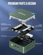 GMKtec G3 N100 mini-PC, som viser frem den elegante svarte designen med en glatt overflate, en strømknapp og ventilasjonsgitter. Det minimalistiske frontpanelet understreker den kompakte og moderne estetikken.