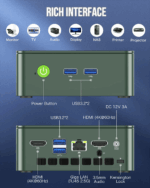 GMKtec G3 N100 mini-pc, der viser sit udvalg af input/output-porte. Layoutet omfatter HDMI-, USB-, Ethernet- og lydporte, der er designet til omfattende tilslutningsmuligheder. Det kompakte og effektive design sikrer nem adgang og alsidig funktionalitet.