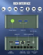 GMKtec G3 N100 mini-PC med en rekke inngangs-/utgangsporter. Oppsettet inkluderer HDMI-, USB-, Ethernet- og lydporter, som er utformet for omfattende tilkoblingsmuligheter. Den kompakte og effektive designen sikrer enkel tilgang og allsidig funksjonalitet.