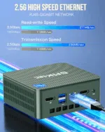 GMKtec G3 mini-PC med 2,5G høyhastighets Ethernet med en RJ45 gigabit-nettverksport. Enheten har en elegant, kompakt svart design med en strømknapp foran og flere tilkoblingsmuligheter på baksiden, inkludert HDMI, USB og Ethernet.