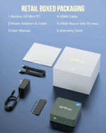 GMKtec G3 Mini PC æskens indhold: inkluderer mini pc-enhed, strømadapter og hurtigstartguide. Elegant sort emballage med produktdetaljer og specifikationer fremhævet.