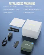 Innhold i GMKtec G3 Mini PC-eske: inkluderer mini-PC-enhet, strømadapter og hurtigstartveiledning. Elegant, svart emballasje med produktdetaljer og spesifikasjoner uthevet.