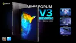 MINISFORUM V3 kujutis: kompaktne, ruudukujuline ja minimalistliku disainiga miniarvuti. Seadmel on mattmust viimistlus, mille ülemisel pinnal on peen logo. Esipaneelil on mitu porti, sealhulgas USB, HDMI ja audioliides, mis viitab selle mitmekülgsele ühendusvõimalustele. Külgedel on jahutuseks ventilatsioonirestid, tagaküljel aga täiendavad pordid toite- ja võrgupordid. Üldine disain on elegantne ja funktsionaalne, mille eesmärk on maksimeerida jõudlust väikeses formaadis.