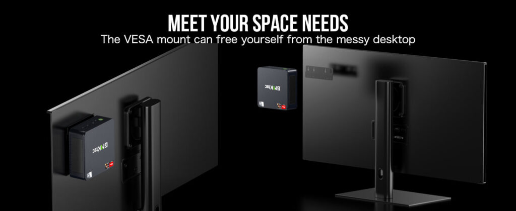 GMKtec NucBox M6 mini PC with VESA mount compatibility, allowing for space-saving installation behind monitors