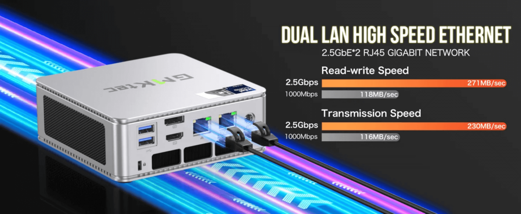 GMKtec NucBox K9 mini PC with high-speed Ethernet connectivity for fast and reliable network performance.