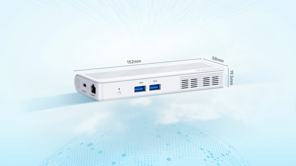 The MINISFORUM S100 is a compact digital signage solution, measuring just 5.9 x 2.2 x 0.76 inches. Despite its small size, it offers powerful performance and 4K resolution output, making it ideal for high-quality visual displays in various settings.