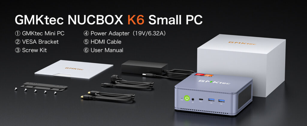 GMKtec NucBox K6 mini-PC-boksen inneholder selve mini-PC-en, strømadapter, brukerhåndbok og nødvendige kabler for oppsett