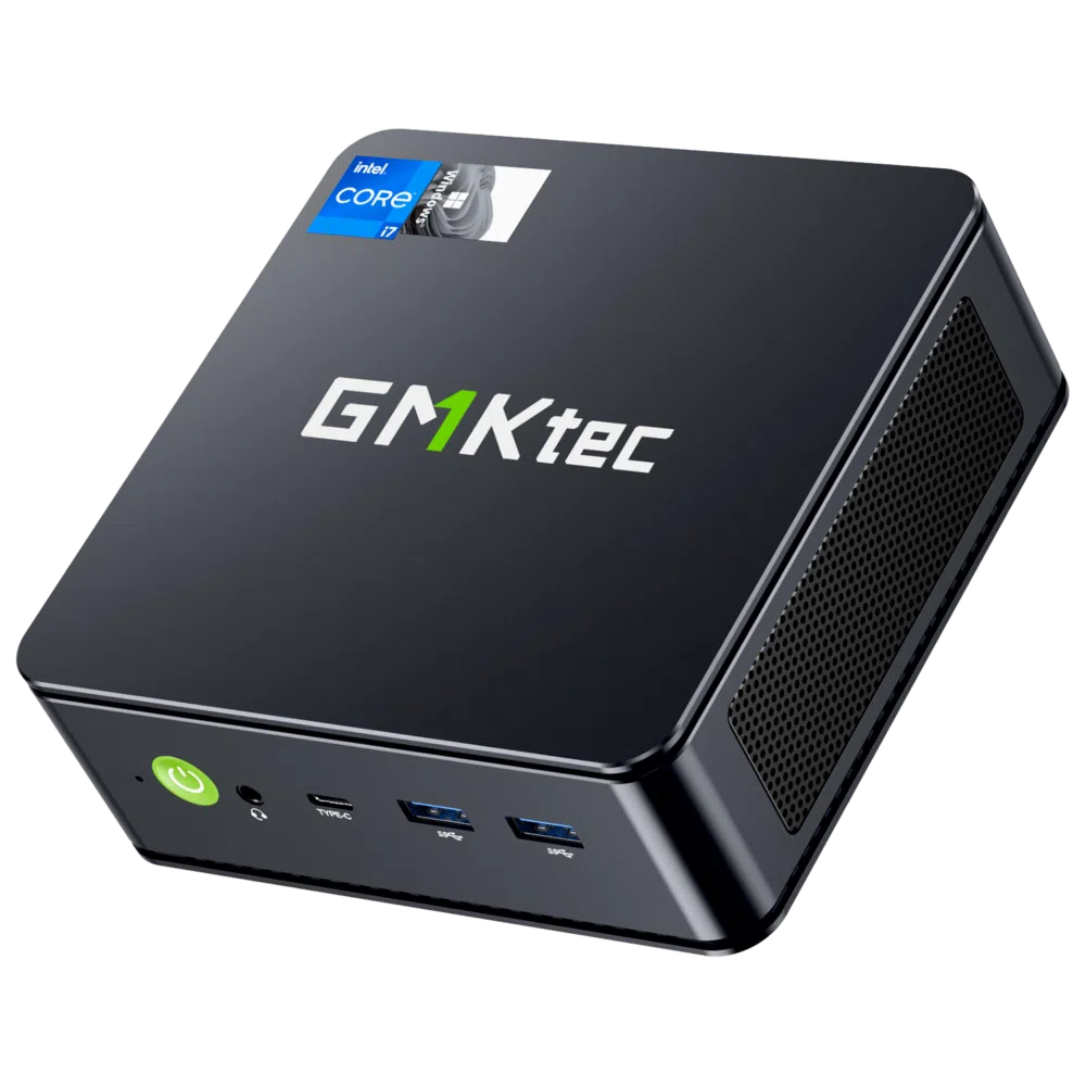 Bildet viser GMKTEC NUBOX K7 Plus Mini PC, en kompakt og kraftig datamaskin. Den har en elegant, moderne design med en matt, svart finish. GMKTEC-logoen er godt synlig på den øvre overflaten. Designet legger vekt på høy ytelse, bærbarhet og allsidighet, noe som gjør den egnet for en rekke ulike databehandlingsoppgaver.