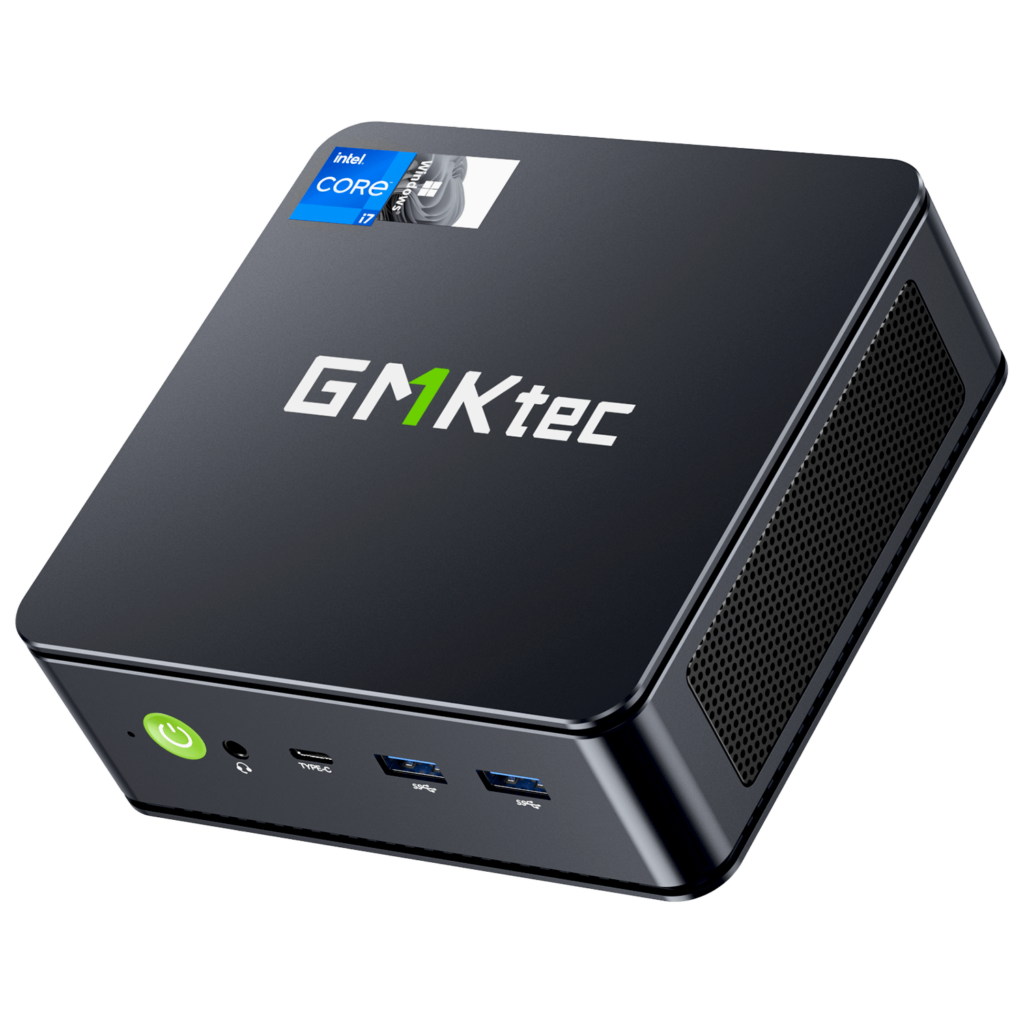 Bildet viser GMKTEC NUBOX K7 Plus Mini PC, en kompakt og kraftig datamaskin. Den har en elegant, moderne design med en matt, svart finish. GMKTEC-logoen er godt synlig på den øvre overflaten. Designet legger vekt på høy ytelse, bærbarhet og allsidighet, noe som gjør den egnet for en rekke ulike databehandlingsoppgaver.