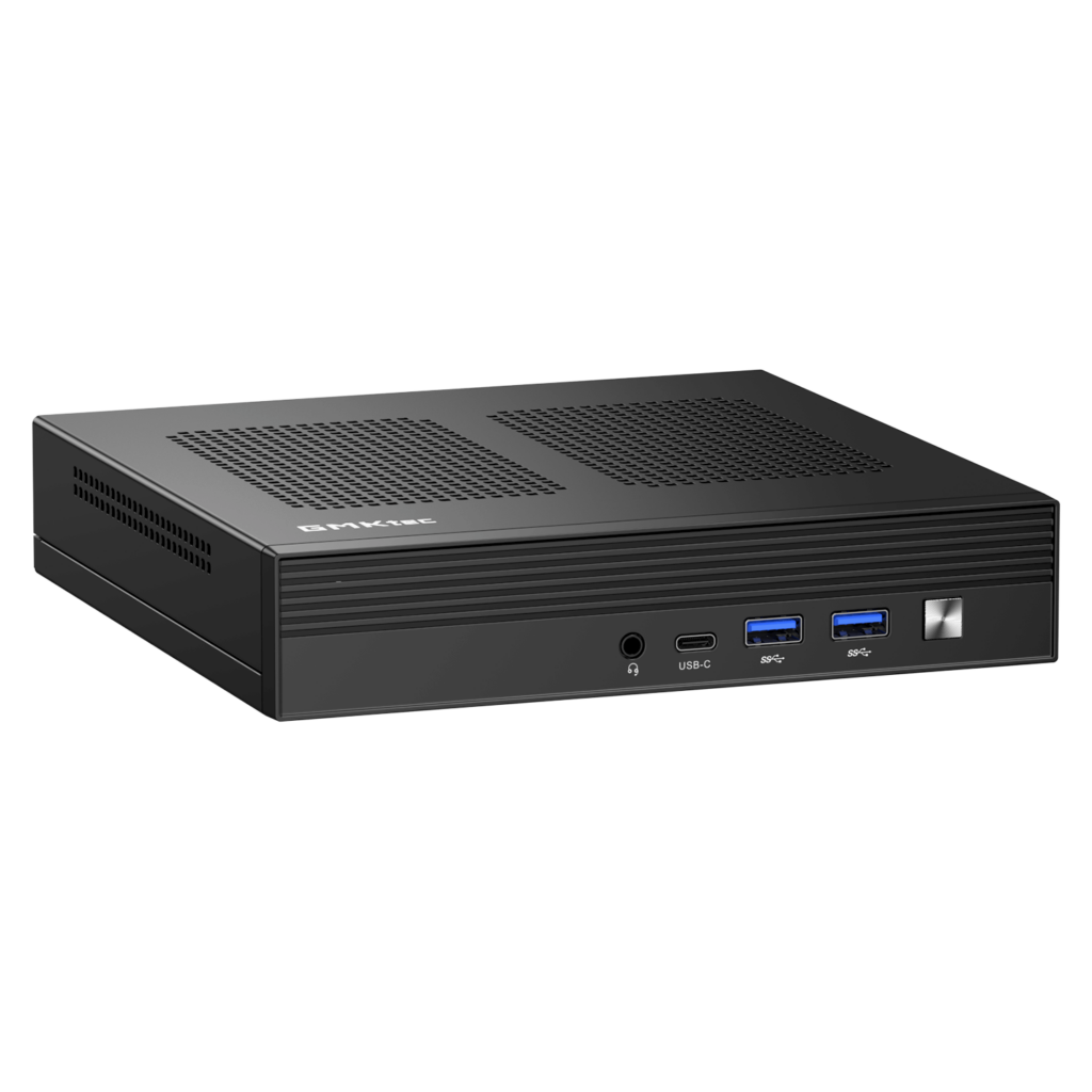 The image shows the GMKTEC NUBOX M4 Mini PC, a compact and stylish computing device. The mini PC has a sleek, matte black finish with a minimalist design. The front panel features multiple input/output ports including USB ports, an audio jack, and possibly a power button. The GMKTEC logo is prominently displayed on the top surface. The device's small form factor highlights its portability and practicality for various computing needs.