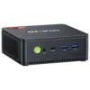 L'immagine mostra il Mini PC GMKTEC NUBOX M5, un dispositivo di calcolo elegante e compatto. Ha un design moderno con una finitura nera opaca. Il pannello frontale presenta diverse porte di connettività, incluse porte USB e un jack audio, e il logo GMKTEC è ben visibile sulla parte superiore. Il design complessivo è minimalista, enfatizzando la portabilità e la funzionalità per diverse attività di calcolo.