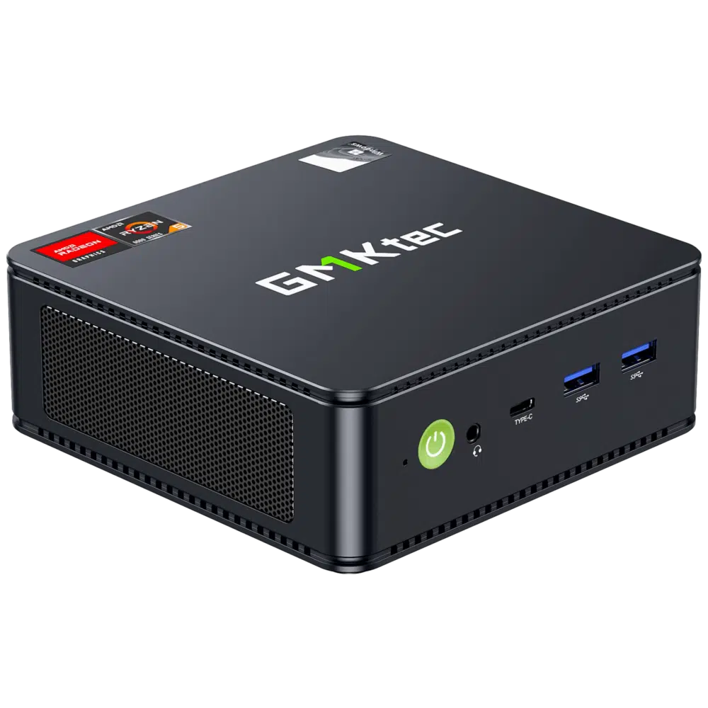 The image showcases the GMKTEC NUBOX M6 Mini PC, a compact computing device designed for versatility and efficiency. With a sleek matte black finish, it exudes a modern aesthetic. Its compact form factor makes it suitable for various computing needs. The GMKTEC logo is subtly displayed on the device, maintaining a minimalist design.