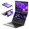 Immagine del laptop GPD Duo, che mostra il suo design 3-in-1 con due display touchscreen da 13,3 pollici, ciascuno con risoluzione OLED 2.8K. Il laptop è mostrato in varie modalità: tablet, tenda e configurazioni laptop a doppio schermo. Lo schermo secondario supporta l'ingresso video tramite USB-C. Le specifiche evidenziate includono AMD Ryzen 7 8840U o Ryzen AI, fino a 64GB di RAM LPDDR5x e fino a 8TB di archiviazione PCIe 4.0 NVMe SSD   