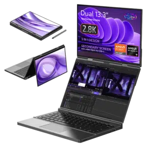 Kuva GPD Duo -kannettavasta, joka esittelee sen 3-in-1-muotoilua, jossa on kaksi 13,3-tuumaista kosketusnäyttöä, joissa kummassakin on 2,8K-resoluutio OLED. Kannettava tietokone on esillä eri tiloissa: tablet-, telttakannettava- ja kaksoisnäytöllinen kannettava kokoonpano. Toisen näytön tuki tukee videotuloa USB-C:n kautta. Tekniset tiedot korostuvat: AMD Ryzen 7 8840U tai Ryzen AI, jopa 64 Gt LPDDR5x RAM-muistia ja jopa 8 Tt PCIe 4.0 NVMe SSD -tallennustila.    