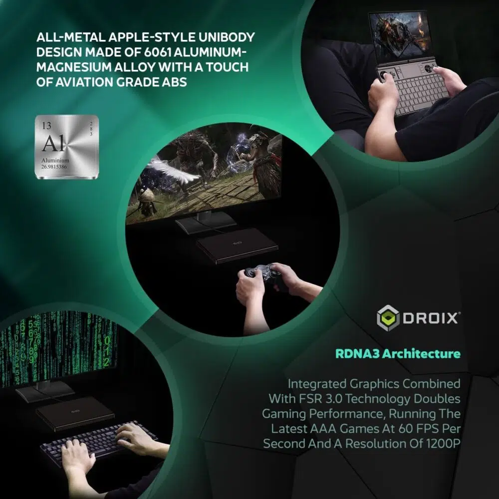 The GPD Win Max 2 (2024) showcases an all-metal, Apple-style unibody design crafted from 6061 aluminum, emphasizing durability and sleek aesthetics. It integrates RDNA3 architecture for its graphics, ensuring high-performance gaming and visual processing capabilities.