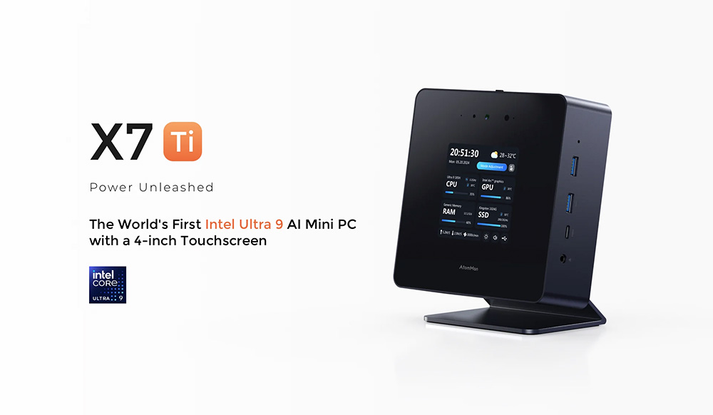 Minisforum AtomMan X7 Ti, der viser sit strømlinede design og polerede overflade. Enheden er udstyret med en Intel Core Ultra 9-processor, som giver en robust ydeevne. Den har DDR5 5600 MHz-hukommelse og understøtter op til 4 TB M.2 PCIe 4.0-lagerplads. Den har en række I/O-porte, herunder USB, HDMI og Ethernet, og er udstyret med avanceret køleteknologi til effektiv og støjsvag drift.