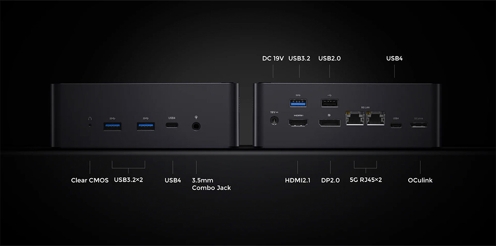 Minisforum AtomMan X7 Ti, der understreger det slanke design og den glatte overflade. Enheden har DDR5 5600MHz-hukommelse og understøtter M.2 PCIe 4.0-lagring op til 4 TB. I/O-portene omfatter USB, HDMI og Ethernet, og den er konstrueret med avanceret køleteknologi til effektiv og støjsvag drift.