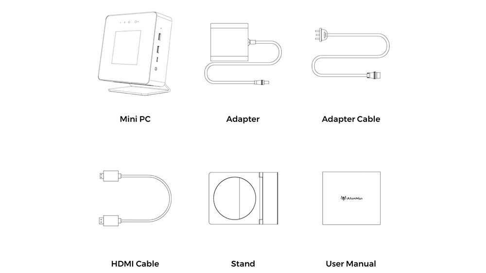 Æsken med Minisforum AtomMan X7 Ti indeholder vigtigt tilbehør til opsætning og brug. Indeholder selve enheden, strømadapter, HDMI-kabel og brugervejledning. Designet til at give alt, hvad der er nødvendigt for øjeblikkelig opsætning og optimal ydelse.