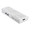 Front view of the Minisforum S100 PC stick, showcasing its compact and sleek design with visible ports including USB3.2 Gen2 Type-A, HDMI, USB3.2 Gen2 Type-C, and RJ45 2.5G Ethernet port. The device features the Intel N100 processor, providing low power consumption and quiet operation. It supports PoE IEEE 802.3at power delivery for enhanced performance and efficiency.