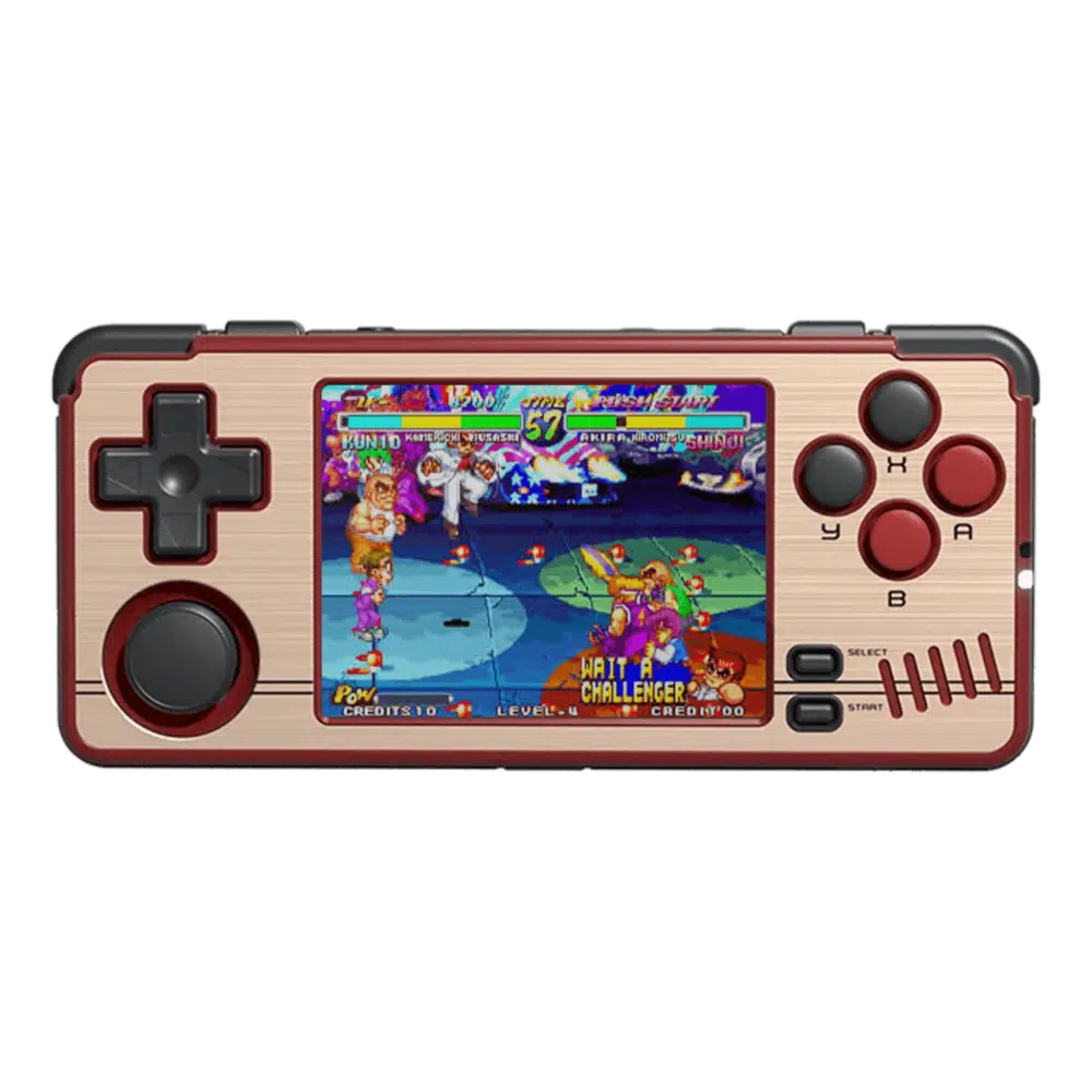 Console portatile MiYoo A30 in rosso e oro, con un design elegante e vivace per gli appassionati di retro gaming