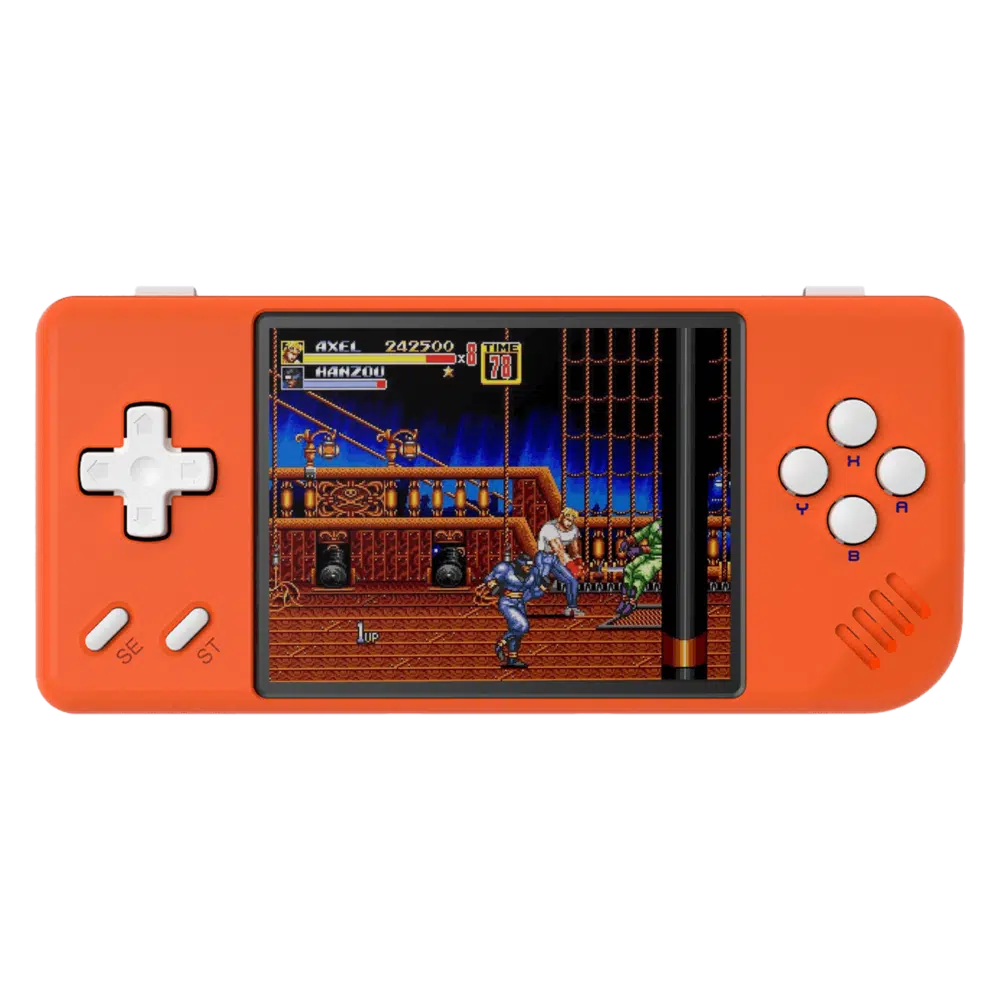 ANBERNIC RG28XX Lava Orange che gioca a un videogioco
