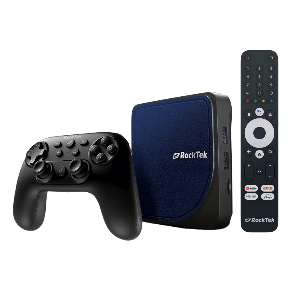 Dispositivo di streaming multimediale Rocktek G2 con controller wireless, che mostra una compatta box di streaming nera e un controller nero abbinato con diversi pulsanti per la navigazione e il controllo.
