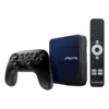 Dispositivo di streaming multimediale Rocktek G2 con controller wireless, che mostra una compatta box di streaming nera e un controller nero abbinato con diversi pulsanti per la navigazione e il controllo.