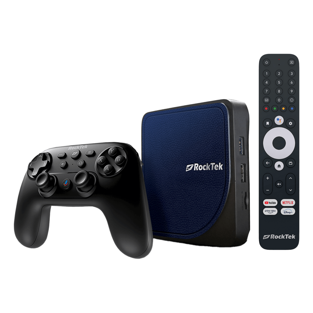 Dispositivo di streaming multimediale Rocktek G2 con controller wireless, che mostra un compatto box di streaming nero e un controller nero abbinato con molteplici pulsanti per la navigazione e il controllo.