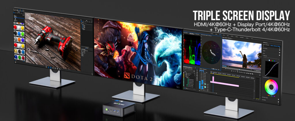 GMKtec NucBox K7 Plus mini-PC med mulighet for tre skjermer, ideell for multitasking og maksimering av produktivitet.