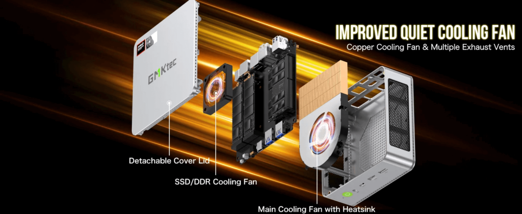 GMKtec NucBox K9 mini PC featuring an improved, quiet cooling fan for efficient heat dissipation and enhanced performance.