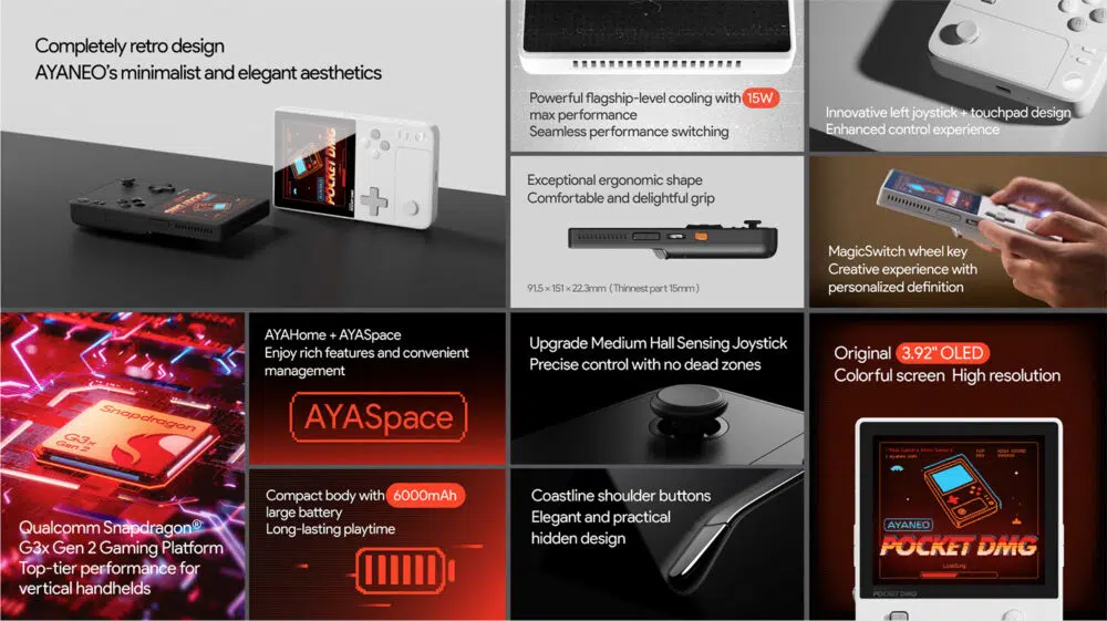 Collage présentant les caractéristiques de l'AYANEO Pocket DMG. Les points forts sont le design rétro, le système de refroidissement 15W, la forme ergonomique, le joystick et le pavé tactile innovants, la touche roue MagicSwitch, l'écran OLED de 3,92 pouces, le logiciel AYASpace, la plateforme Qualcomm Snapdragon G3x Gen 2, la batterie 6000mAh, le joystick à détection de Hall et les boutons d'épaule côtiers. Les images montrent l'appareil en noir et blanc, soulignant sa taille compacte et son esthétique minimaliste.