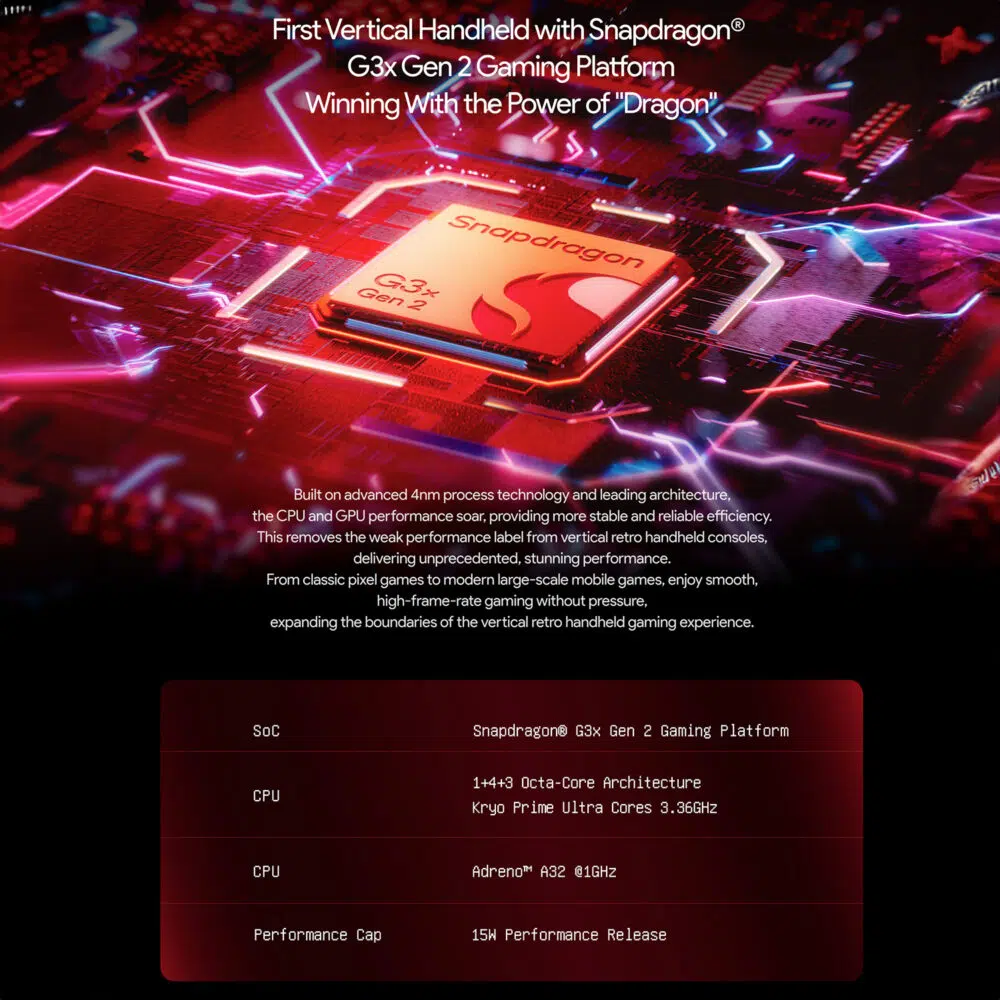 Image promotionnelle pour l'AYANEO Pocket DMG avec la plateforme de jeu Snapdragon G3x Gen 2. Elle met l'accent sur le fait qu'il s'agit du premier ordinateur de poche vertical équipé de ce processeur, en présentant son architecture octa-core 1+4+3 avec des cœurs Kryo Prime Ultra à 3,36 GHz, un GPU Adreno A32 à 816 Hz et une puissance de sortie de 15 W.