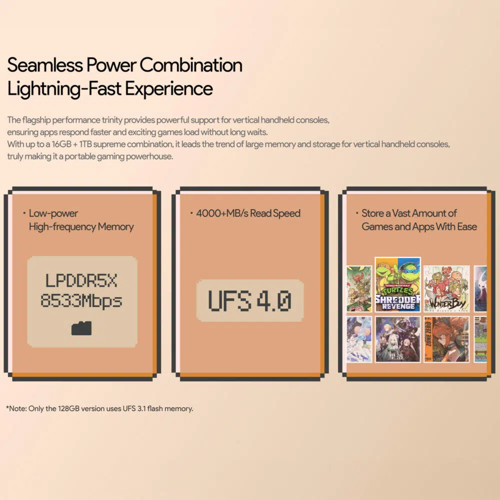 Infographie détaillant la "combinaison de puissance sans faille" de l'AYANEO Pocket DMG, mettant en avant sa mémoire haute vitesse (LPDDR5X à 8533Mbps), son stockage rapide (UFS 4.0 avec une vitesse de lecture de 4000+ MB/s), et sa grande capacité de stockage de jeux et d'applications. Il mentionne des options allant jusqu'à 16 Go de RAM et 1 To de stockage.